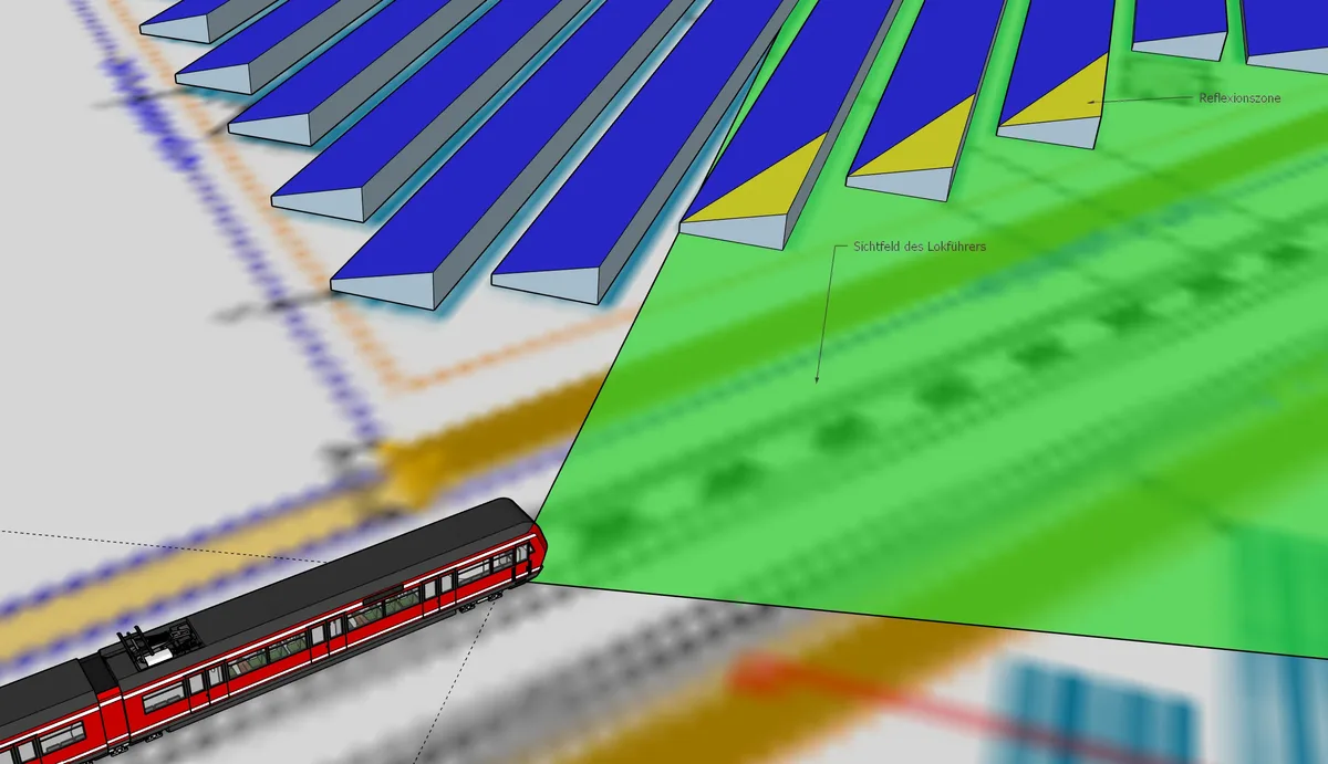 3D visualisation: reflection zone of a PV system in a train driver's field of view